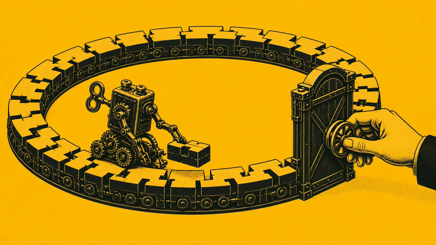 A dark engraved clockwork builder carries blocks around a circular mechanical track on an ochre field, approaching a heavy final gate controlled by a human hand.