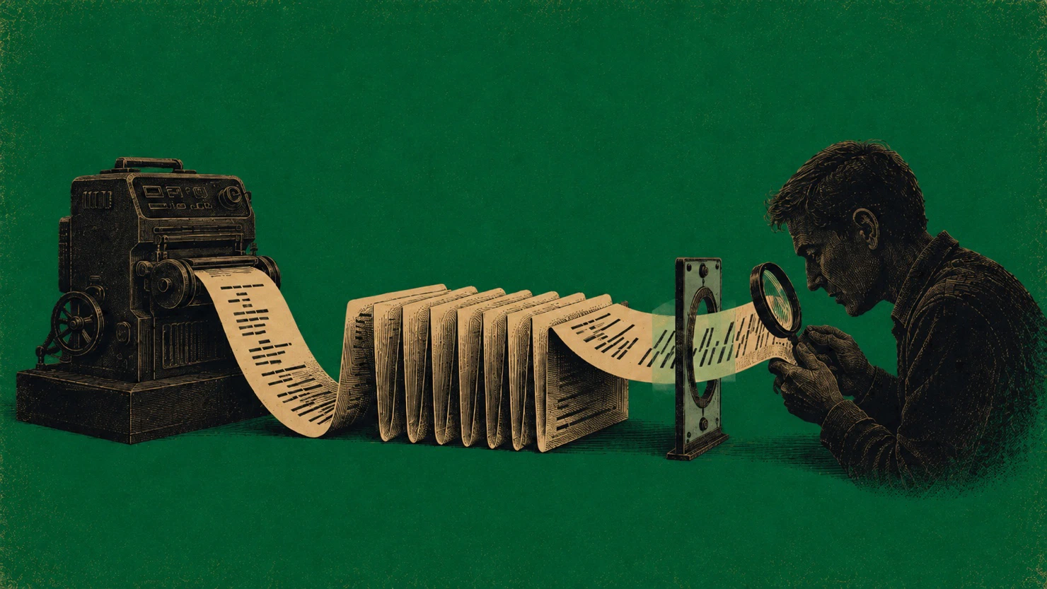A dark engraved machine feeds a cream strip of code-like marks through an accordion-folded queue and inspection gate to a reviewer with a magnifying glass, on a textured green field.