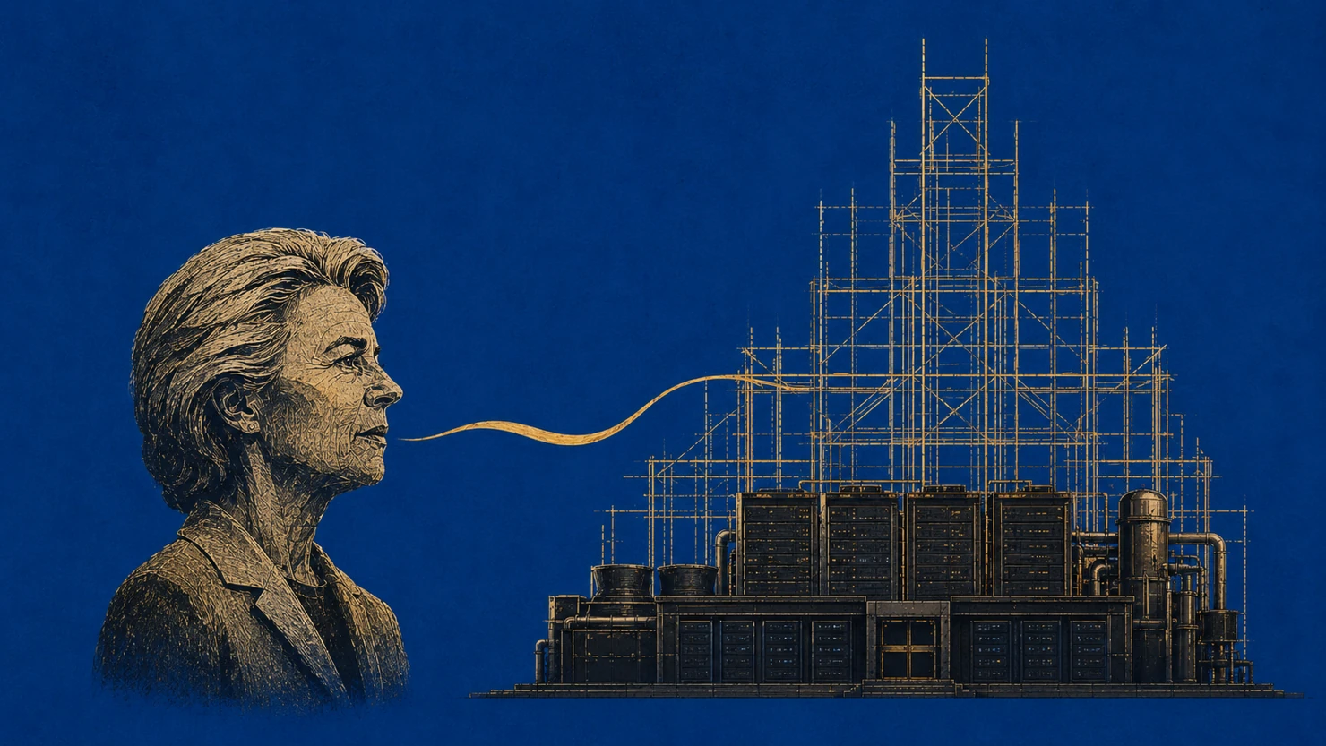 An engraved profile of Ursula von der Leyen on a deep blue field faces a dark compute factory whose unfinished gold scaffolding grows from an abstract speech ribbon.