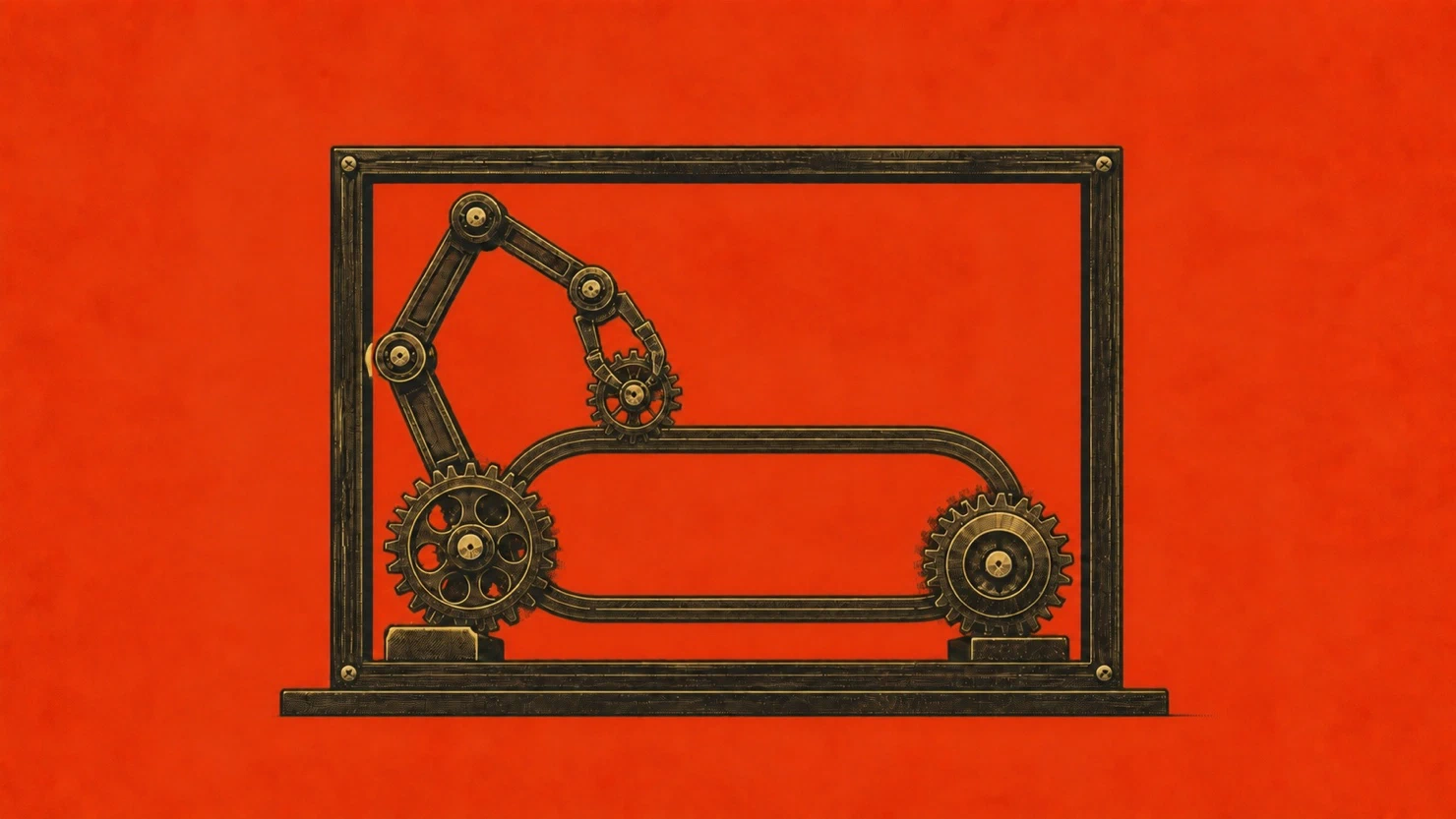 A dark engraved machine inside a rectangular frame uses an articulated arm to adjust a small gear above a single belt linking two large gears on a saturated orange-red field.