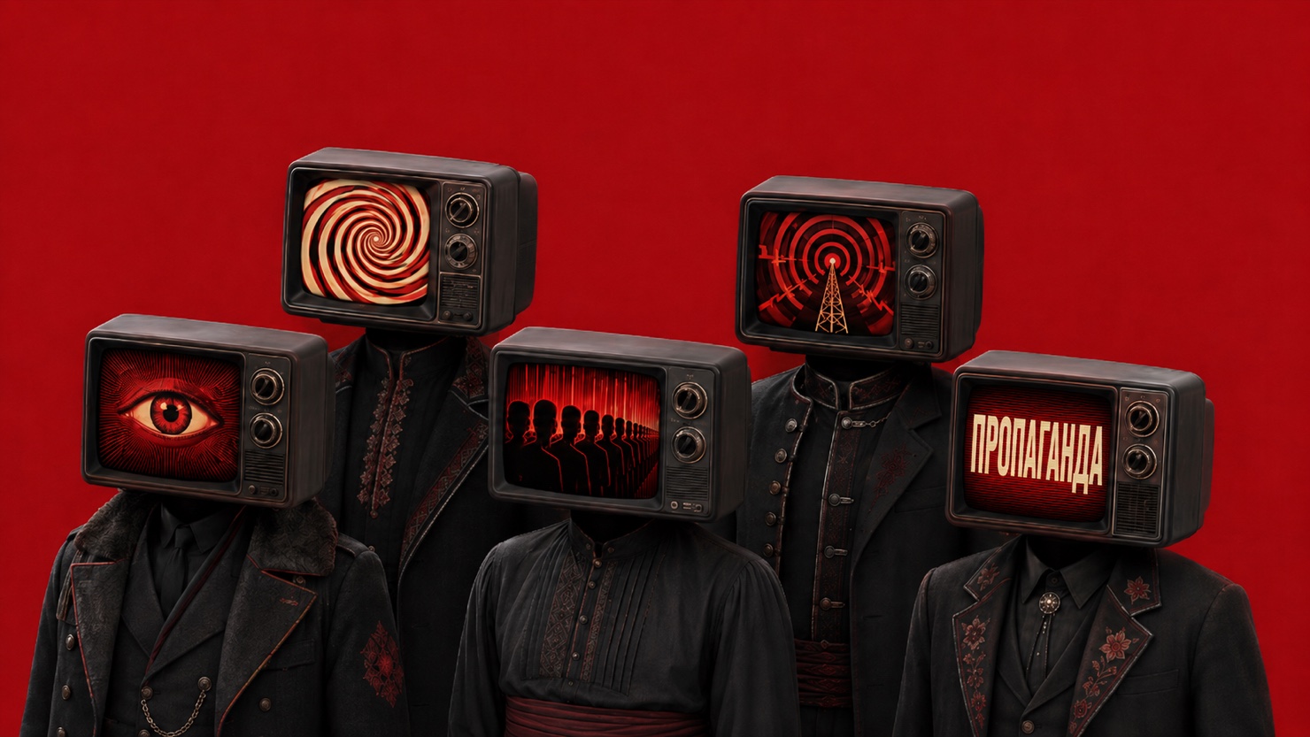 Five figures in dark Balkan folk dress stand against a red field, vintage television sets in place of their heads. The screens glow red: hypnotic spirals, a staring eye, a broadcast tower, and a crowd of identical silhouettes.
