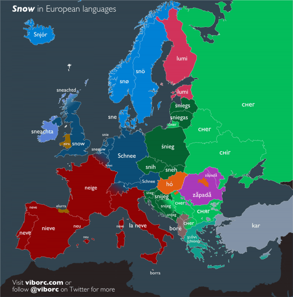 Word "snow" written in different European languages. Snow in different languages of Europe.