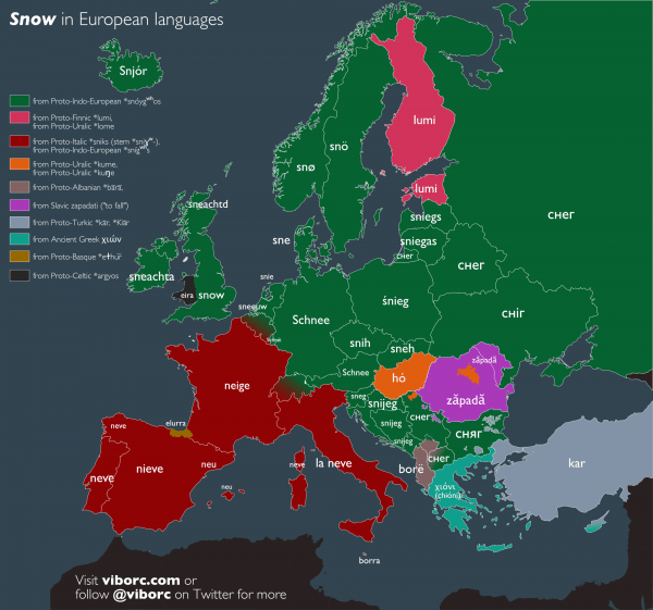 Map of the word "snow" shown in a more etymological focus - putting together countries and languages based on their "true" etymological origin. Snow in different languages of Europe.