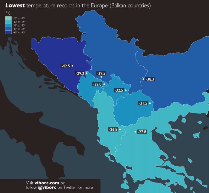 Map of lowest (coldest) temperatures recorded in Balkan countries. Lowest temperature records in Balkan countries.