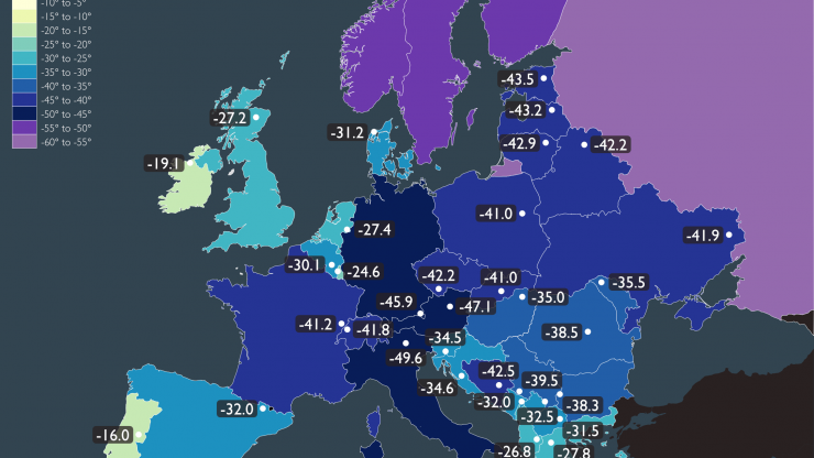 Map of lowest (coldest) temperatures recorded in every European country. Lowest temperature records