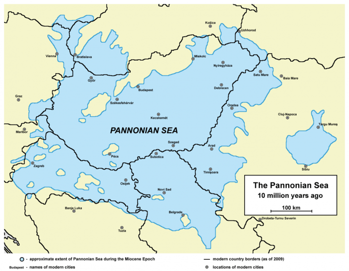 Wikipedia map of the Pannonian Sea with the present-day borders