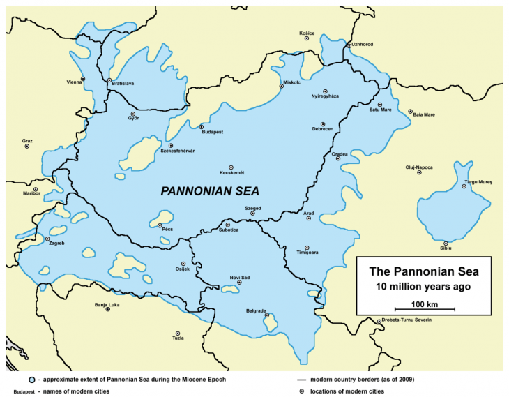 Wikipedia map of the Pannonian Sea with the present-day borders
