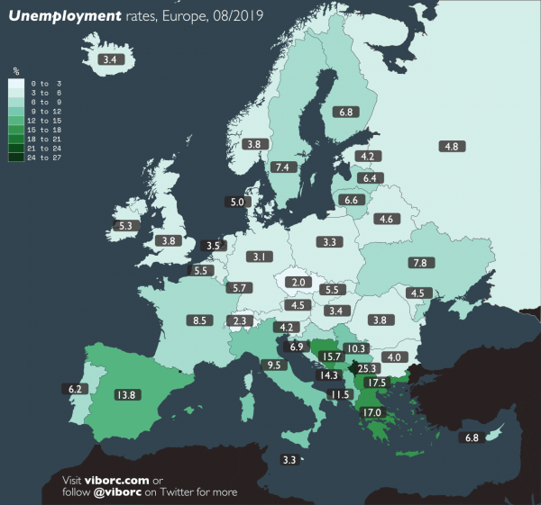 Stope nezaposlenosti u Europi. Iako na općoj razini podaci ukazuju na razmjerno povoljnu i zdravu ekonomsku sliku, regionalne razlike među pojedinim zemljama članicama Unije su izražene. Primjerice, stopa nezaposlenosti u Grčkoj (podaci od srpnja 2019.) iznosi 17.0% - što je ujedno i najviša stopa nezaposlenosti u EU. S druge strane – najnižu stopu nezaposlenosti bilježi Češka sa svega 2.0% nezaposlenih.