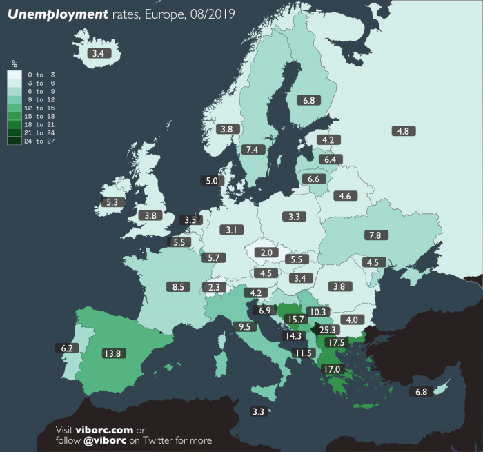 While the numbers paint a relatively favorable picture, there are stark differences between different countries. From 17.0% in Greece (data from July 2019) to Czechia at just 2.0% in August 2019.