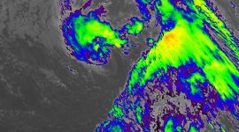 Storm Theta at 18:30, 10.11.2020. as seen by the GOES-East satellite, the wavelength is 10.35 µm, channel 13, and the spatial pixel resolution is 2km. Courtesy of NASA / NOOA.