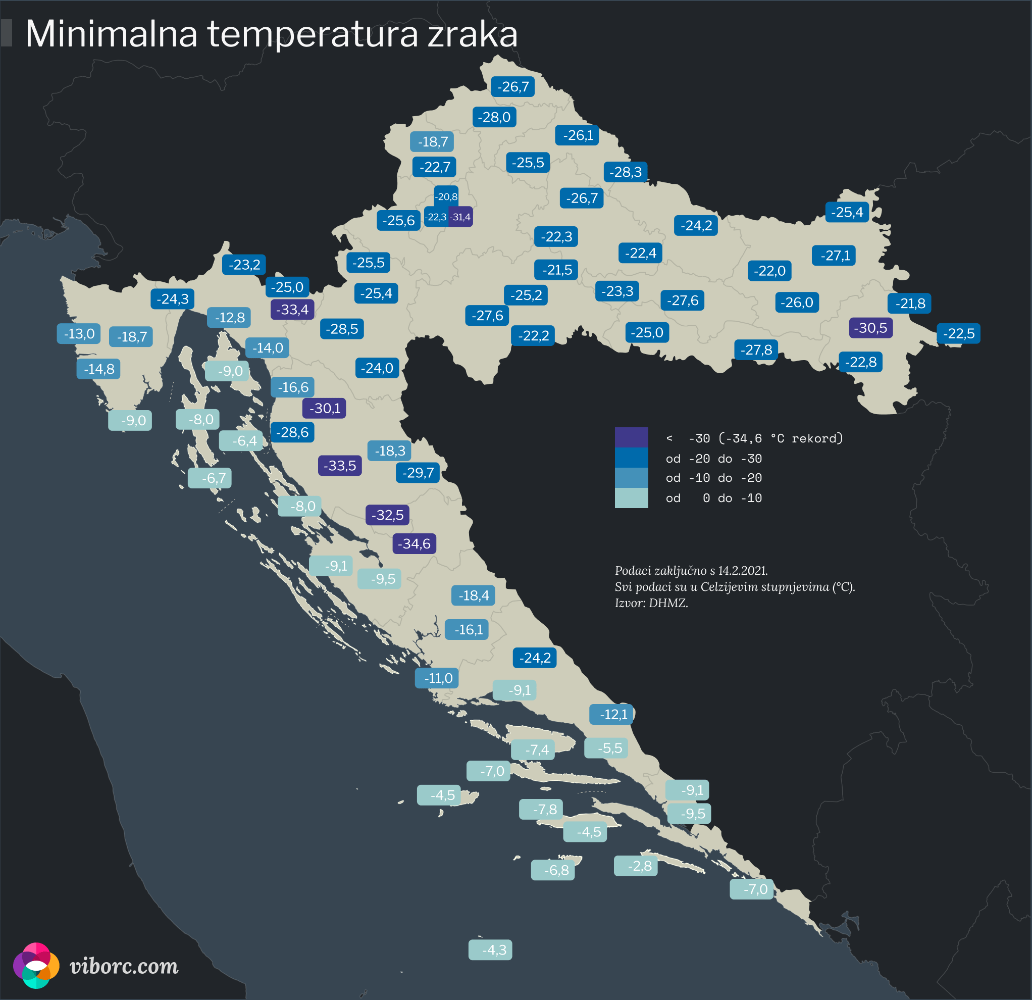 Koja je minimalna, najniža izmjerena temperatura zraka u Hrvatskoja? Izvor podataka: DHMZ.