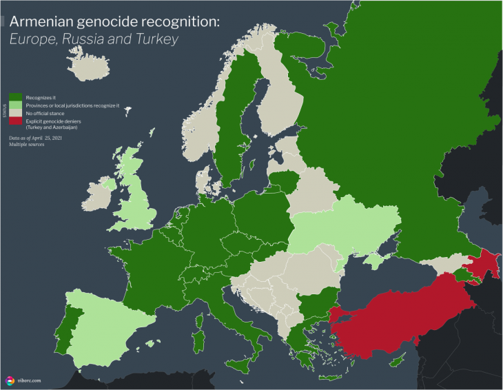 Map of countries in Europe, Russia and Turkey and their status of Armenian Genocide recognition.