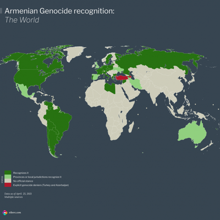 Map of the world and the status of Armenian Genocide recognition globally..
