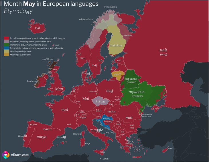 The word "May" in different languages of Europe - based on etymology.