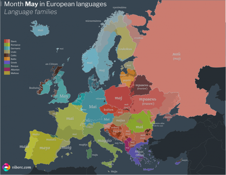 The word "May" in different languages of Europe - based on language families