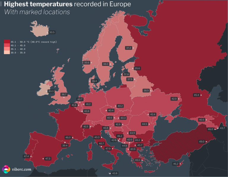 Highest temperatures in Europe: A map and list of records • viborc.com