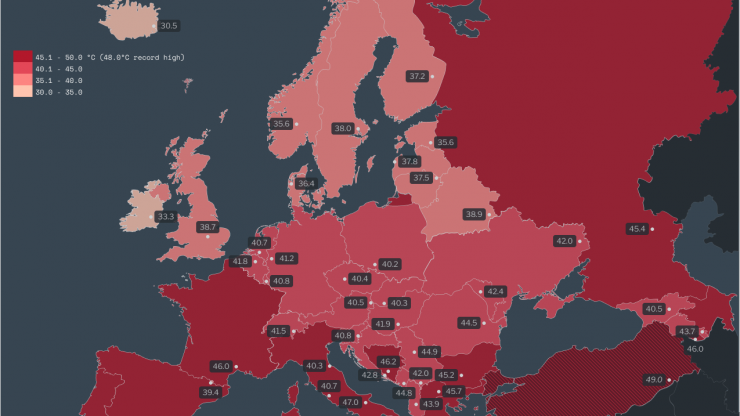 The map of Europe with record high temperatures for every country