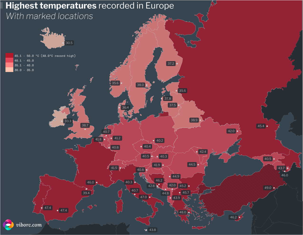 Karta Europe s prikazanim najvišim temperaturnim rekordima za svaku zemlju