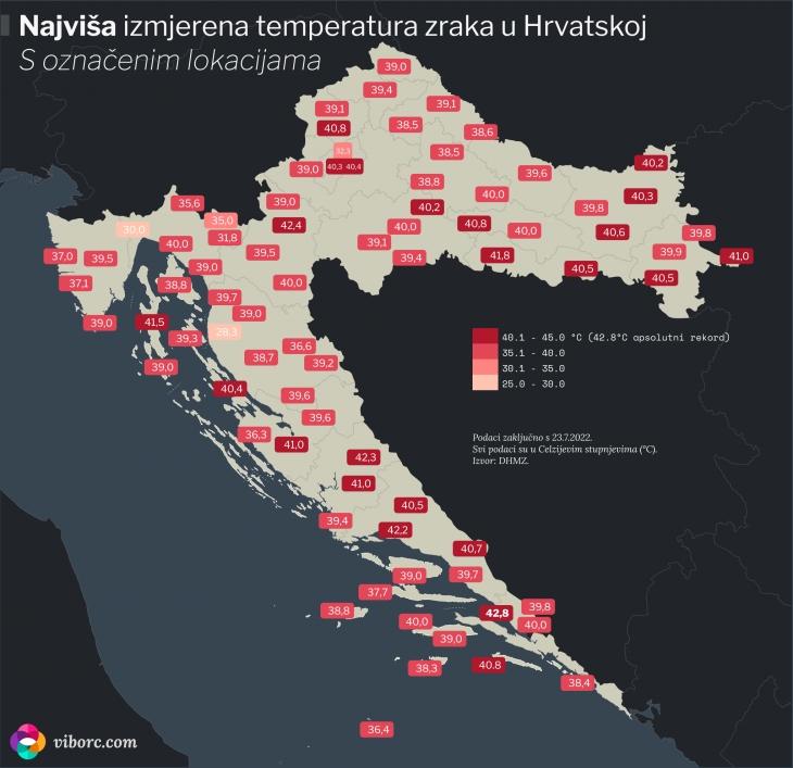 Karta najviših izmjerenih temperatura u Hrvatskoj