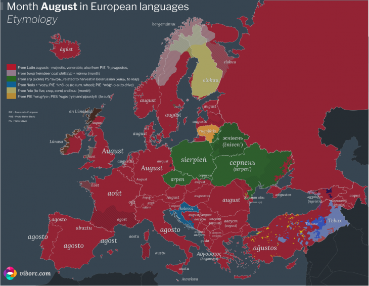 The word "August" in different languages of Europe – based on etymology.