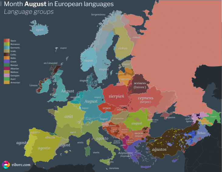 The word "August" in different languages of Europe – based on language groups