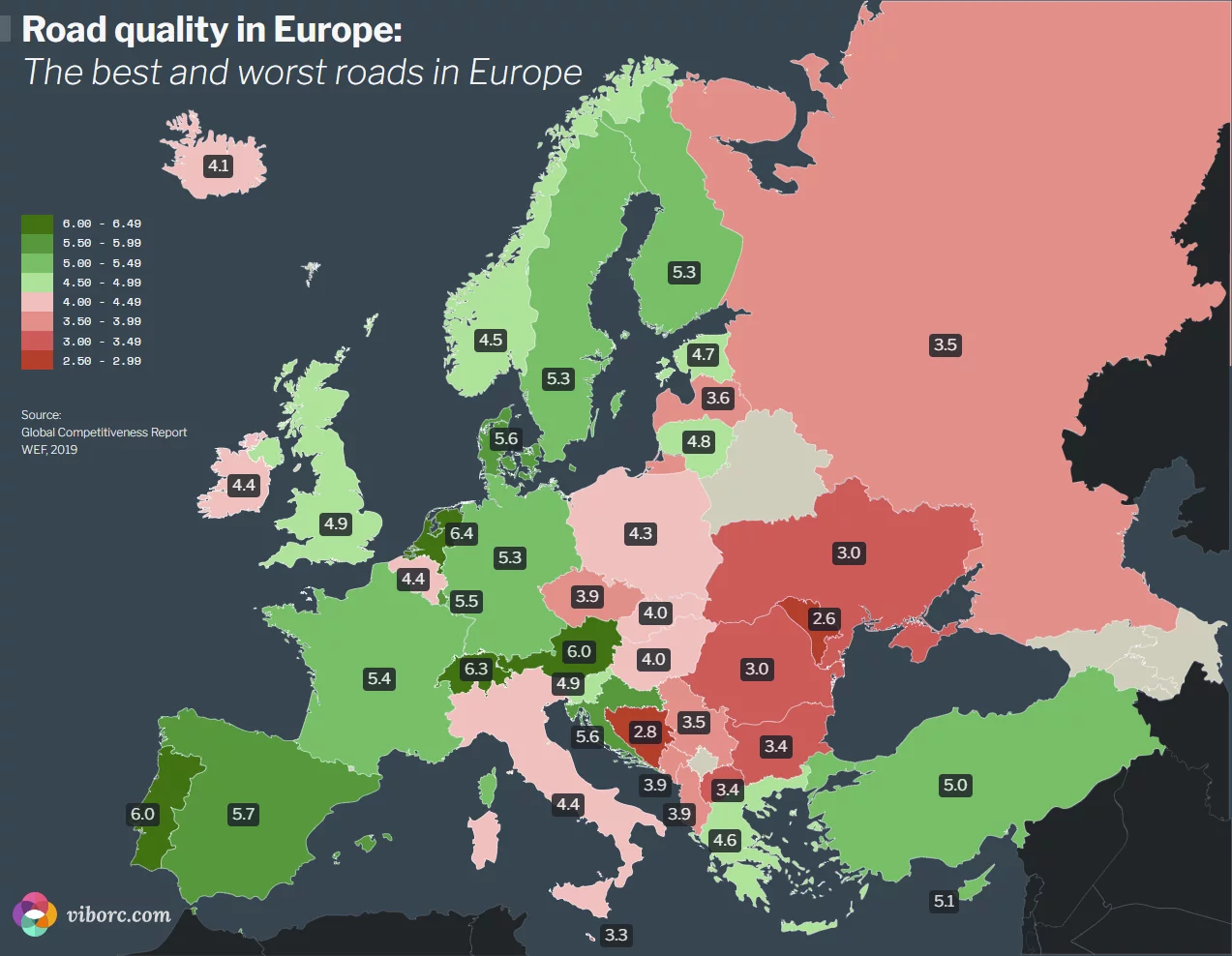 Road quality in Europe best and worst roads map •