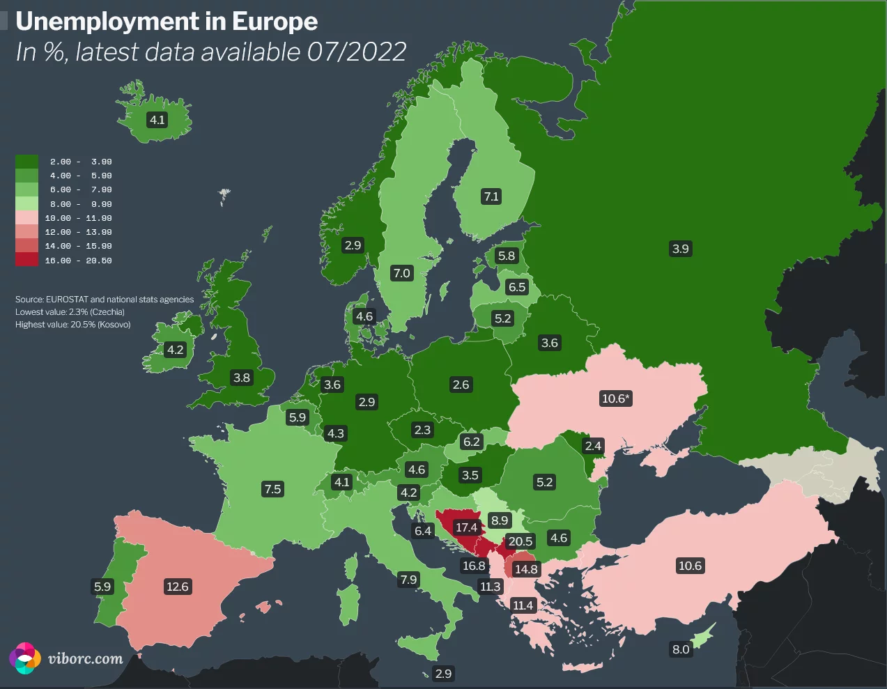 Unemployment rates in Europe, by country, latest data for 2022 •