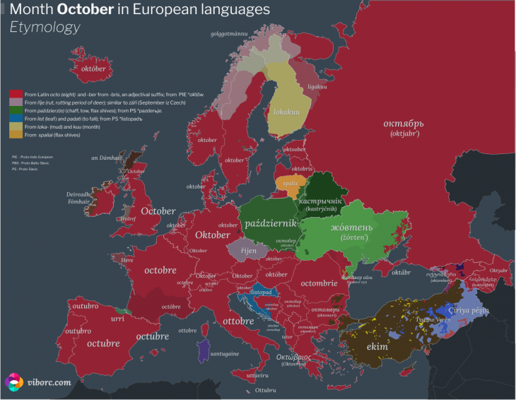 The word “September” in different languages of Europe – based on etymology.