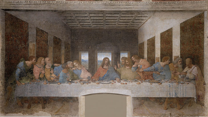 Leonardo da Vinci's "The Last Supper" showcases symmetrical balance, with the central figure of Jesus Christ flanked by equally distributed figures and architectural elements on both sides.