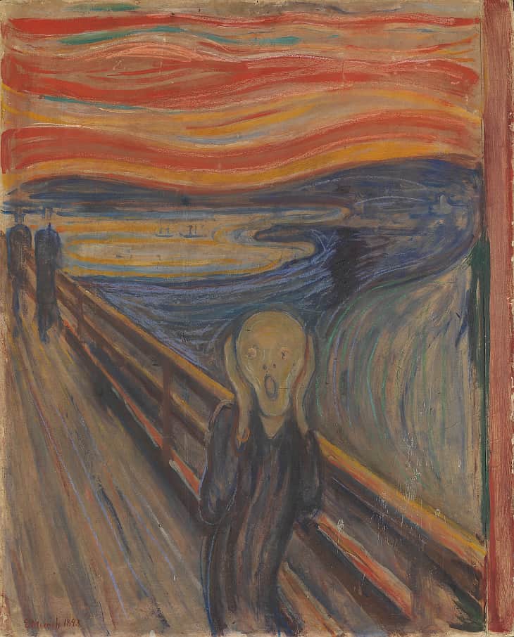 Edvard Munch's “The Scream” uses color, shape, and line to create emphasis on the central figure's face, expressing intense emotion