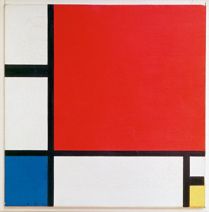 Piet Mondrian's "Composition with Red, Blue, and Yellow" is an example of unity as one of the seven principles in art through the use of simple geometric shapes, a limited color palette, and consistent line weight.