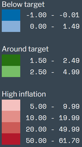 We decided to categorize the color scheme into three distinct sections, each aligning with a particular range of inflation rates.This categorization aimed to provide a clearer, more intuitive guide for interpreting the inflation data.