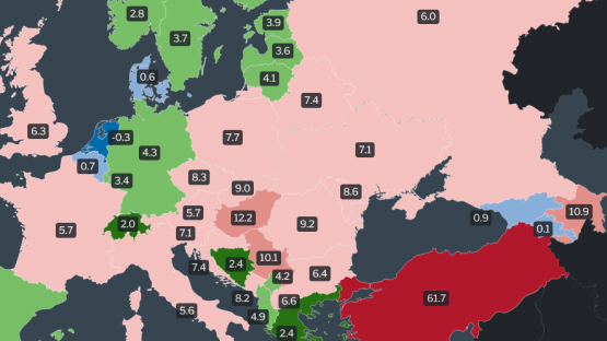 Map of Europe illustrating inflation rates in September 2023, with countries color-coded based on their respective percentages. Turkey has the highest rate, and the Netherlands reports a slight deflation.