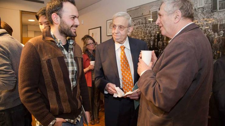 At 86, Nash (center) continued to inspire and work with younger researchers such as Michail Rassias (left), a Princeton visiting postdoctoral research associate in mathematics who was working on an upcoming book with Nash. Although 60 years Nash’s junior, Rassias admired Nash’s quick thinking and curiosity. This photo, taken during a special departmental reception in honor of Nash’s winning the Abel Prize, includes Yakov Sinai (right), a Princeton professor of mathematics, who was awarded the 2014 Abel Prize. (Photo by Danielle Alio, Office of Communications)