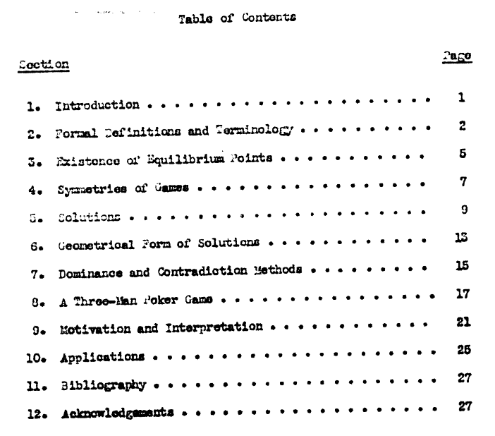 Table of Contents of John Nash's PhD paper.